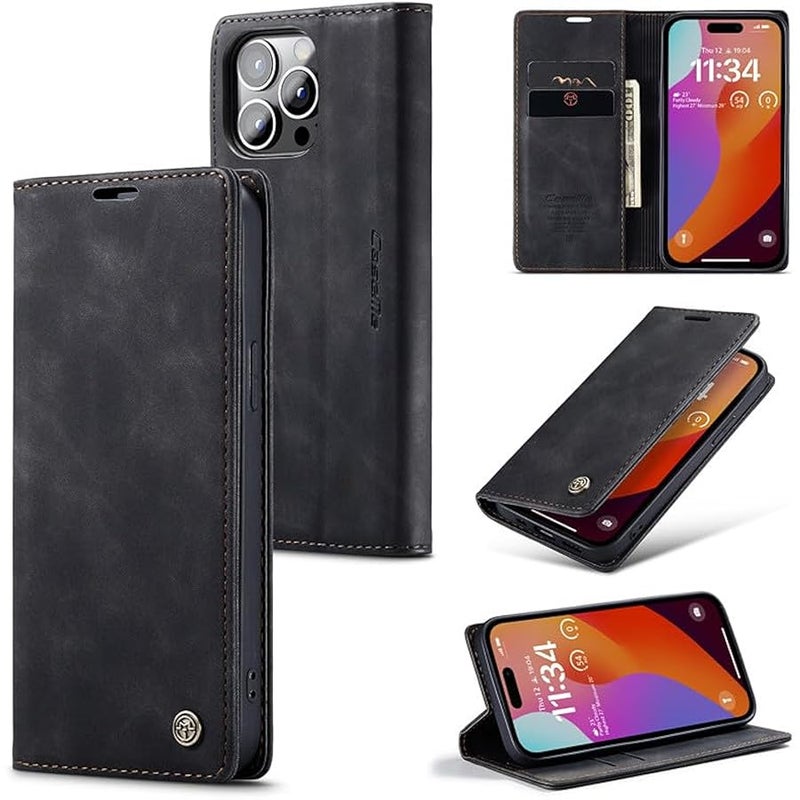 كيس مي غطاء محفظة CaseMe لهاتف iPhone 15 Pro Max، يدوي الصنع من الجلد المتين ذو إغلاق مغناطيسي، غطاء قابل للطي مضاد للسقوط والصدمات مع حامل وبطاقات لهاتف iPhone 15 Pro Max (أسود) - Image 1