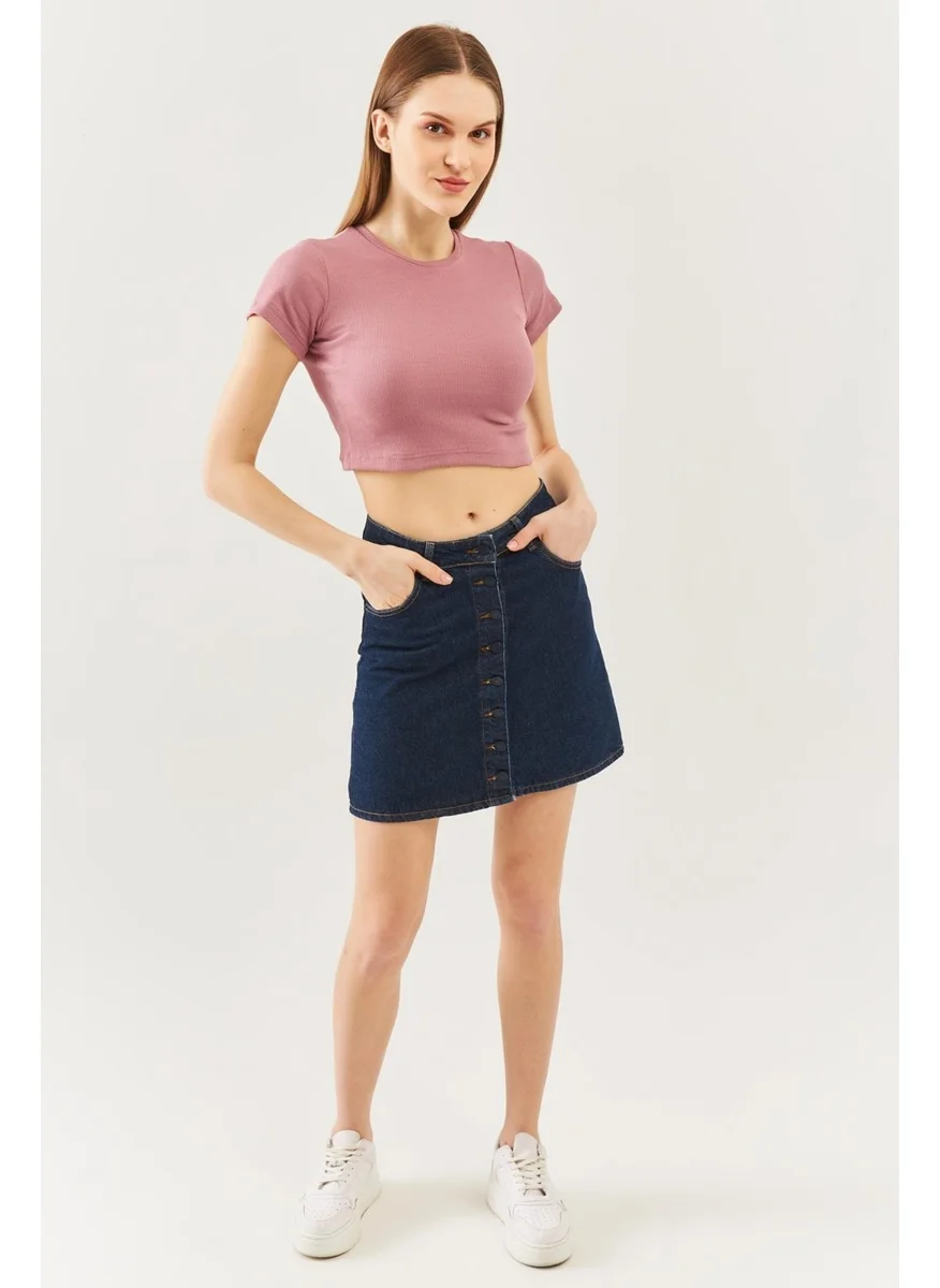 Butikgiz Gül Kurusu Kısa Kol Bisiklet Yaka Vücuda Oturan %100 Pamuklu Kaşkorse Esnek Crop Bluz