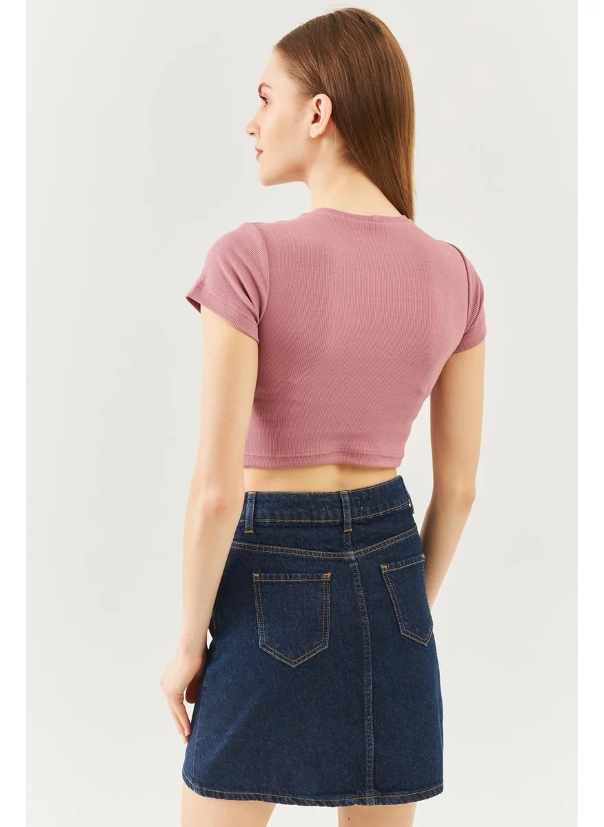 Butikgiz Gül Kurusu Kısa Kol Bisiklet Yaka Vücuda Oturan %100 Pamuklu Kaşkorse Esnek Crop Bluz