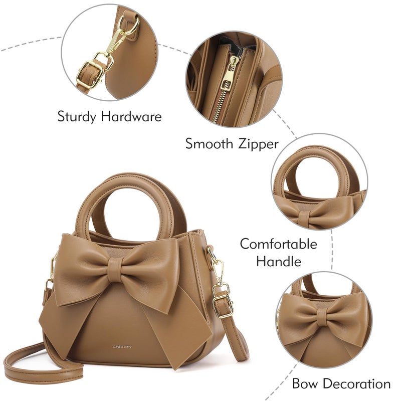 Cheruty Small Purses for Women Crossbody Bag, Vegan Leather Crossbody Purses and Handbags with Top Carry Handle and Cute Bow Knot(Brown) - Image 5