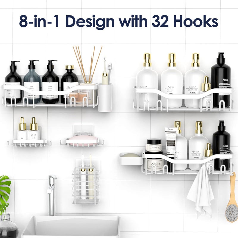 NESOMI Shower Caddy Adhesive Shower Organizer 8-Pack, Rustproof Stainless Steel Bathroom Shelves, Large Capacity No-Drill Rack Storage Accessories with Soap Dish Toothbrush Holder Hooks - Image 4