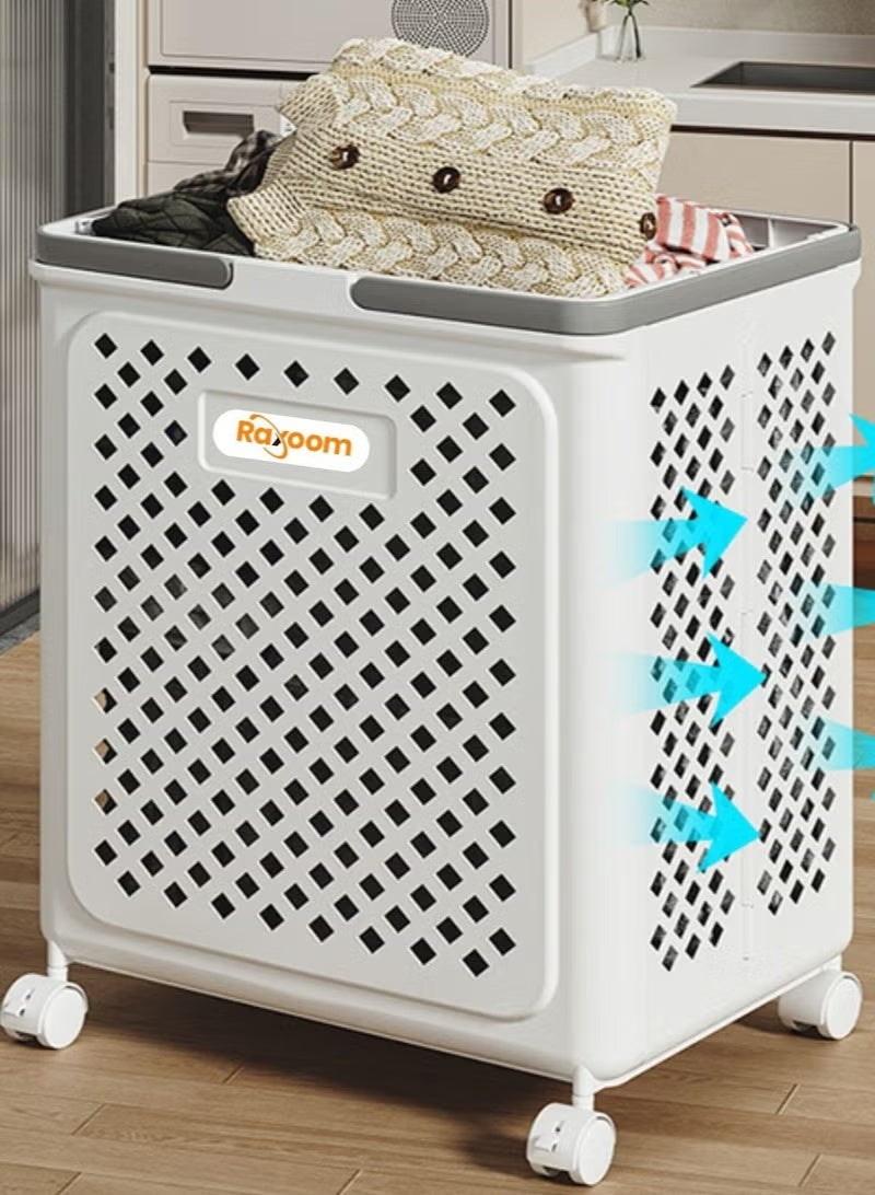 راكسوم سلة غسيل قابلة للطي بعجلات من 4 طبقات - منظم متعدد الأغراض لتخزين الملابس المتسخة سعة 40 لترًا، 36×28×49 سم، أبيض - Image 1