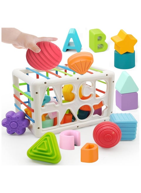 Montessori Toys for 1 Year Old,Sensory Shape Toys for Babies,Sorter Activity Cube Bin with Colorful Elastic Bands and 14 Pcs Multi Sorting Blocks,Learning Gifts for Girls Boys