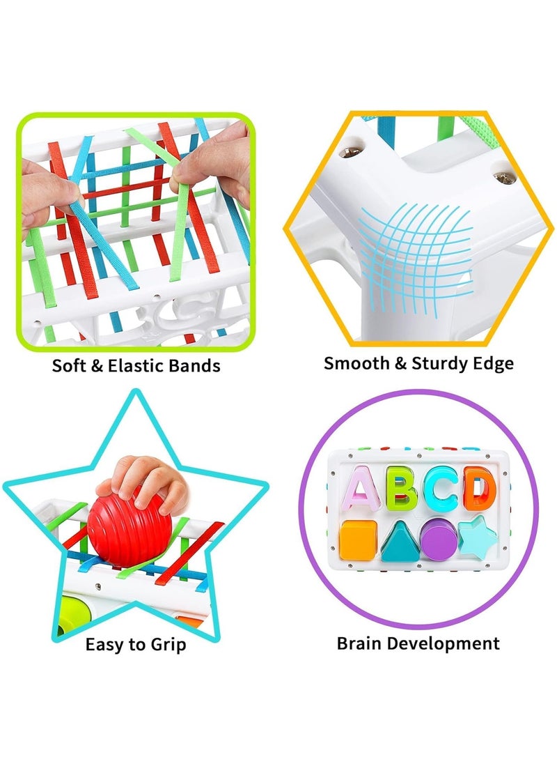 Montessori Toys for 1 Year Old,Sensory Shape Toys for Babies,Sorter Activity Cube Bin with Colorful Elastic Bands and 14 Pcs Multi Sorting Blocks,Learning Gifts for Girls Boys