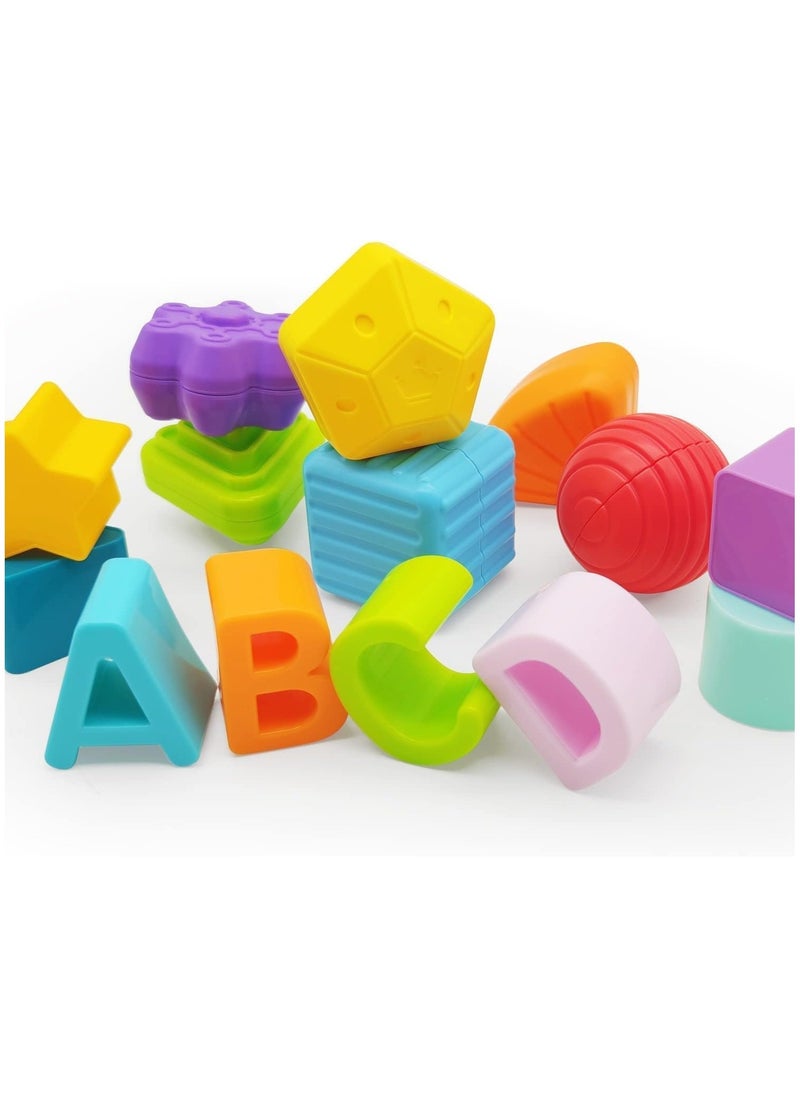 Montessori Toys for 1 Year Old,Sensory Shape Toys for Babies,Sorter Activity Cube Bin with Colorful Elastic Bands and 14 Pcs Multi Sorting Blocks,Learning Gifts for Girls Boys