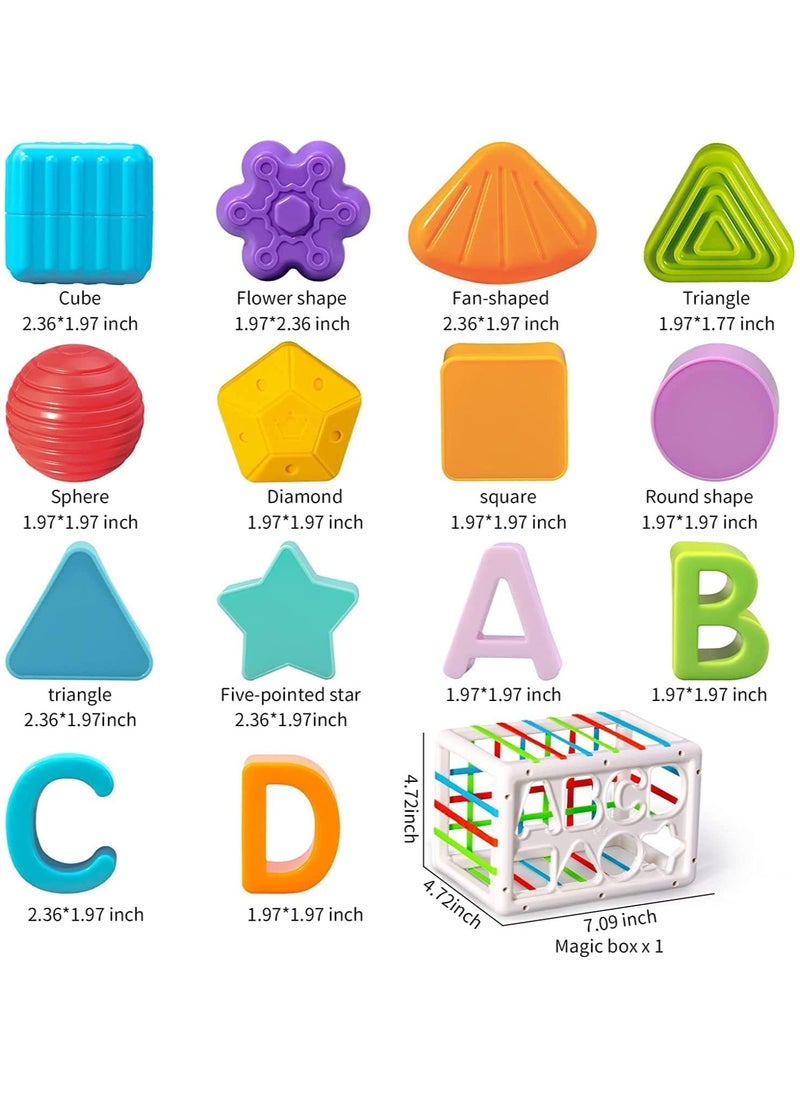 Montessori Toys for 1 Year Old,Sensory Shape Toys for Babies,Sorter Activity Cube Bin with Colorful Elastic Bands and 14 Pcs Multi Sorting Blocks,Learning Gifts for Girls Boys