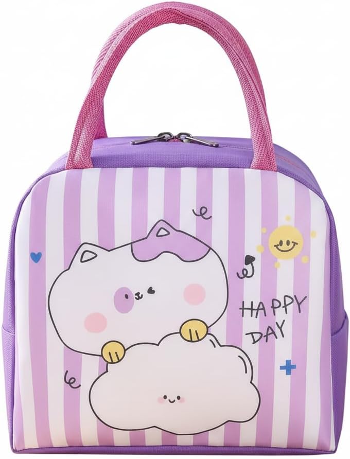 Mobcos Cat Line Purple Large Capacity Insulated Lunch Bag | Waterproof & Stain-Resistant Meal Tote with Advanced Temperature Retention | Durable Polyester Lunch Bag for Office & School - Image 1