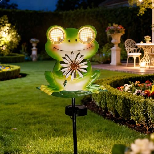 esgarden LEDs Dynamic Eyes Solar Stake Lights for Garden Frog Garden Gifts Metal Warm White Stakes Lights for Lawn Ornaments, Yard Art, Pathway, Patio Decorations Gift for Mom Dad Grandma - Image 1