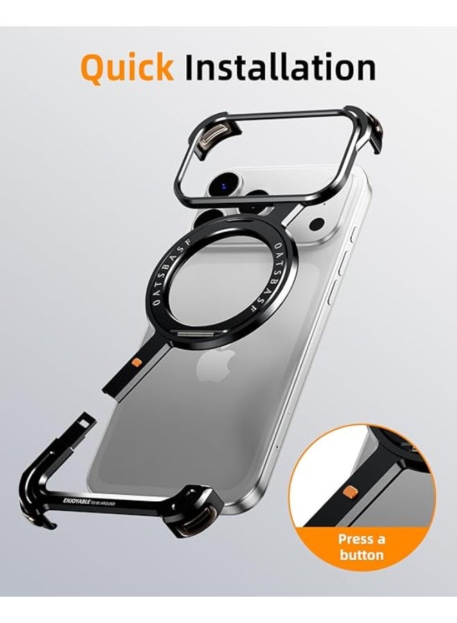 Oatsbasf iPhone 17 Pro Max Frameless Phone Case with 360° Rotation Kickstand Aluminum Metal Bumper Z Case Black - Image 4