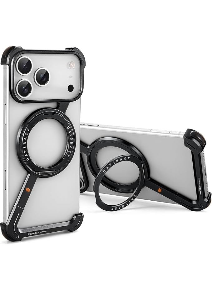Oatsbasf iPhone 17 Pro Max Frameless Phone Case with 360° Rotation Kickstand Aluminum Metal Bumper Z Case Black - Image 1