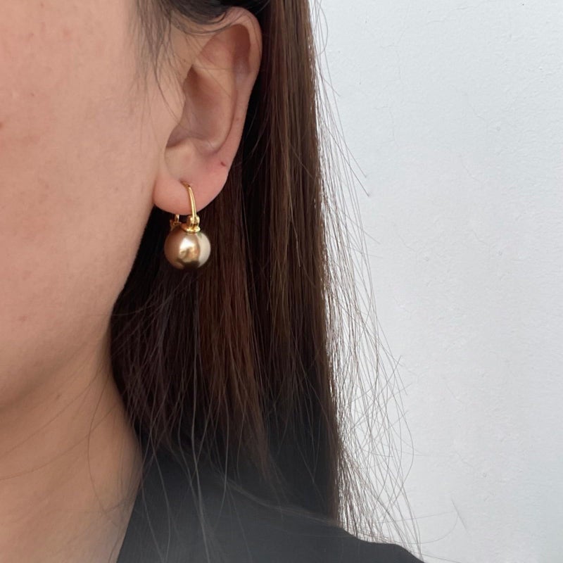 OwMell Elegant 925 Sterling Silver Pearl Drop Earrings Dangle Stud Gold Plated Earrings for Women Large Size 12mm - Champagne Gold - Image 2