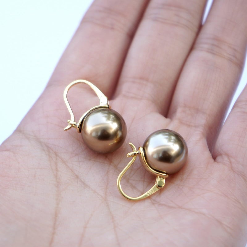 OwMell Elegant 925 Sterling Silver Pearl Drop Earrings Dangle Stud Gold Plated Earrings for Women Large Size 12mm - Champagne Gold - Image 3