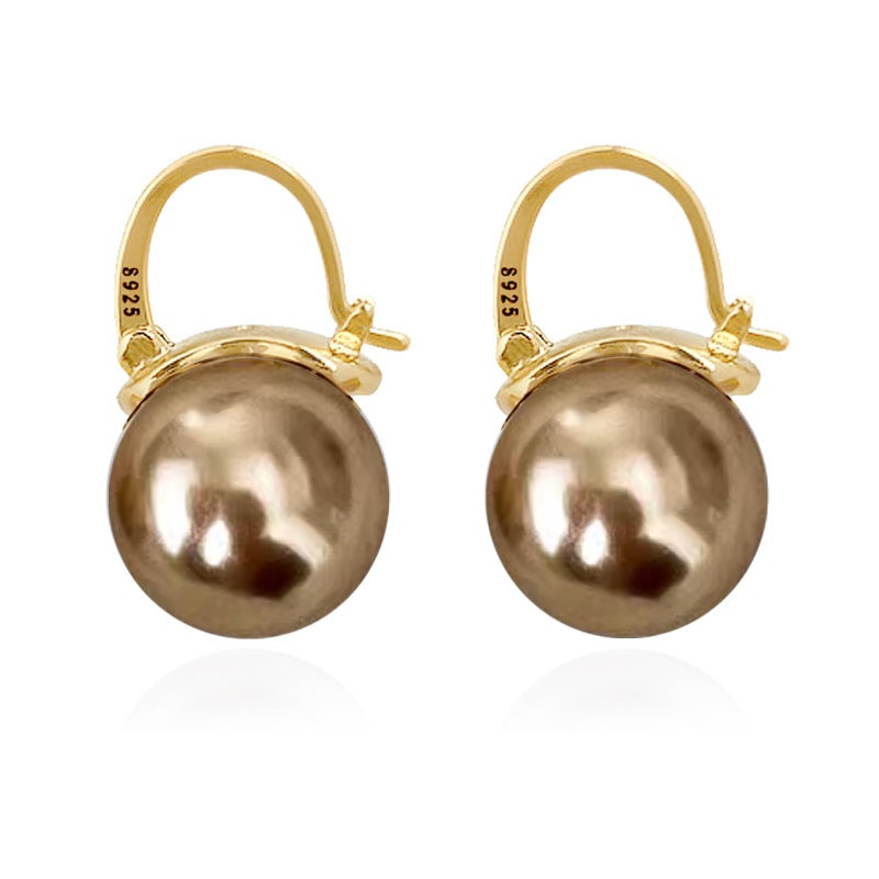 OwMell Elegant 925 Sterling Silver Pearl Drop Earrings Dangle Stud Gold Plated Earrings for Women Large Size 12mm - Champagne Gold - Image 1