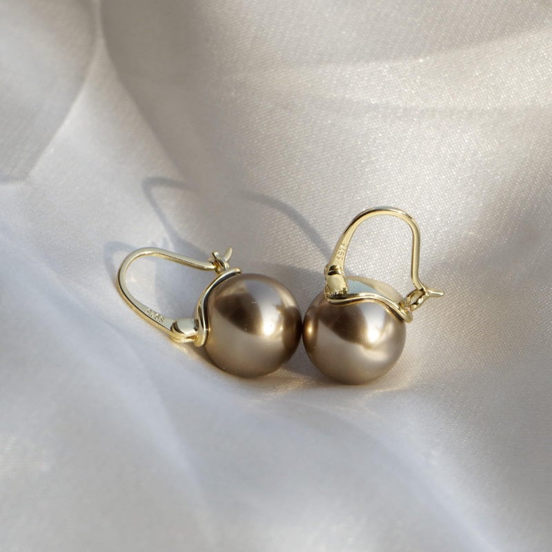 OwMell Elegant 925 Sterling Silver Pearl Drop Earrings Dangle Stud Gold Plated Earrings for Women Large Size 12mm - Champagne Gold - Image 5