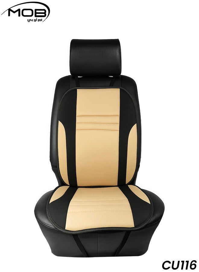 موب وسادة مقعد سيارة عالمية من جلد البولي يوريثين والقماش لتوفير الراحة - دعم مريح، تصميم جيد التهوية، سهلة التركيب، مناسبة للسيارات والشاحنات وسيارات الدفع الرباعي (بيج وأسود) - Image 1