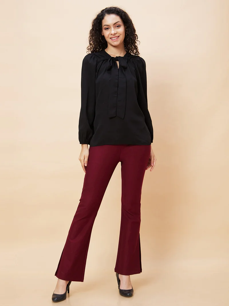 globus Women Tie Up Neck Puffed Sleeves Crepe Top