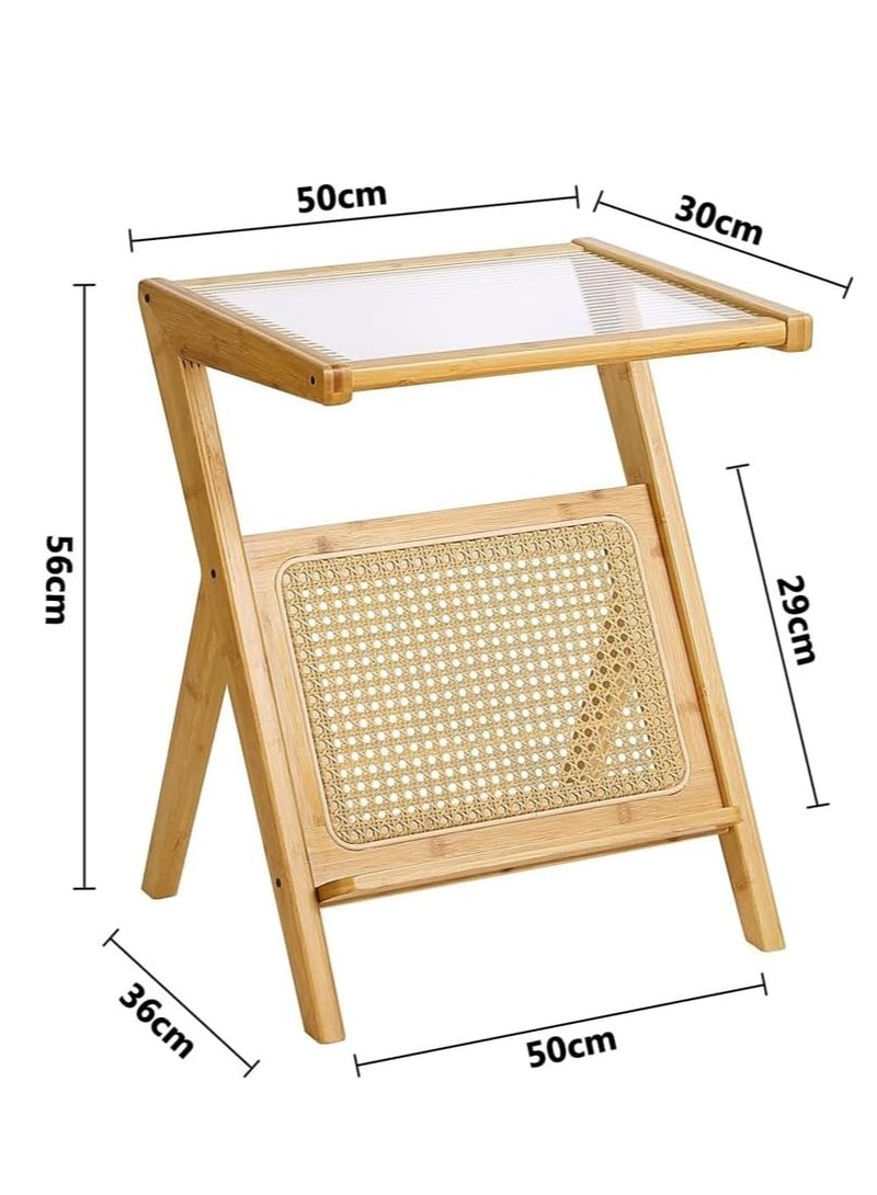 طاولة جانبية ضيقة من الروطان الحديث - تصميم مصنوع يدويًا من الخيزران صديق للبيئة، منضدة على شكل حرف L مع سطح زجاجي ورف لغرفة المعيشة وغرفة النوم والمكتب، مقاس 45 × 37 × 56 سم - أنيقة وسهلة التجميع - Image 2
