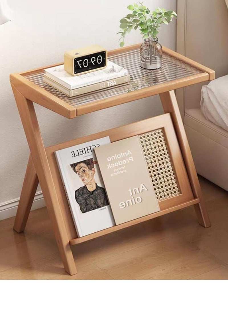 طاولة جانبية ضيقة من الروطان الحديث - تصميم مصنوع يدويًا من الخيزران صديق للبيئة، منضدة على شكل حرف L مع سطح زجاجي ورف لغرفة المعيشة وغرفة النوم والمكتب، مقاس 45 × 37 × 56 سم - أنيقة وسهلة التجميع - Image 3