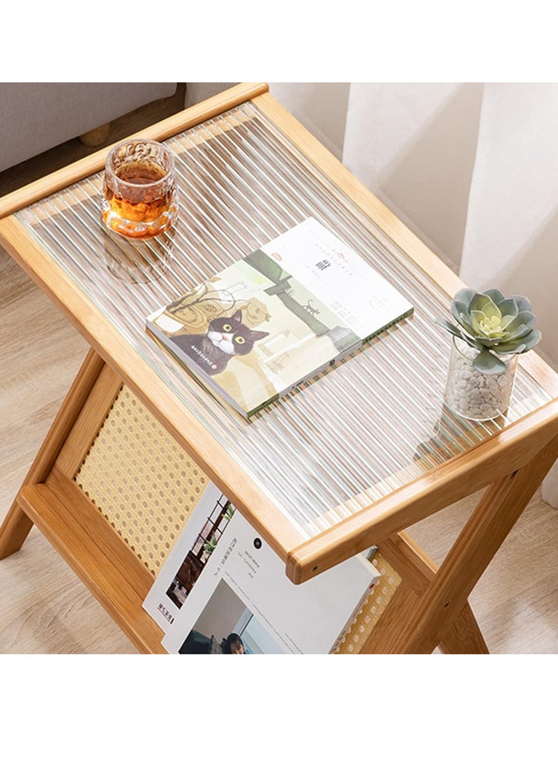 طاولة جانبية ضيقة من الروطان الحديث - تصميم مصنوع يدويًا من الخيزران صديق للبيئة، منضدة على شكل حرف L مع سطح زجاجي ورف لغرفة المعيشة وغرفة النوم والمكتب، مقاس 45 × 37 × 56 سم - أنيقة وسهلة التجميع - Image 4