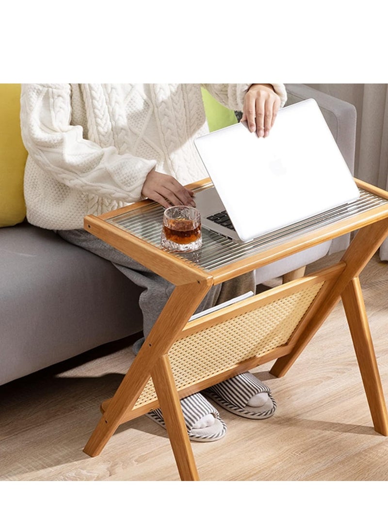 طاولة جانبية ضيقة من الروطان الحديث - تصميم مصنوع يدويًا من الخيزران صديق للبيئة، منضدة على شكل حرف L مع سطح زجاجي ورف لغرفة المعيشة وغرفة النوم والمكتب، مقاس 45 × 37 × 56 سم - أنيقة وسهلة التجميع - Image 5