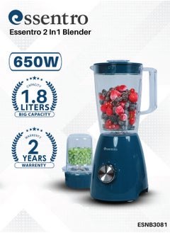 Essentro 2-in-1 Blender  650W Power Motor, 2-Speed Settings, Pulse Function, 1.8L Unbreakable Jar & Sharp Durable Blade ESNB3081