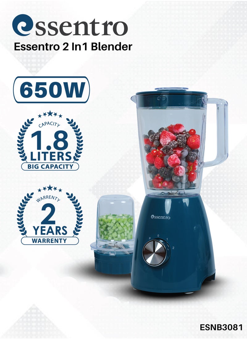 ESSENTRO - Essentro 2-in-1 Blender  650W Power Motor, 2-Speed Settings, Pulse Function, 1.8L Unbreakable Jar & Sharp Durable Blade ESNB3081 - Image 1