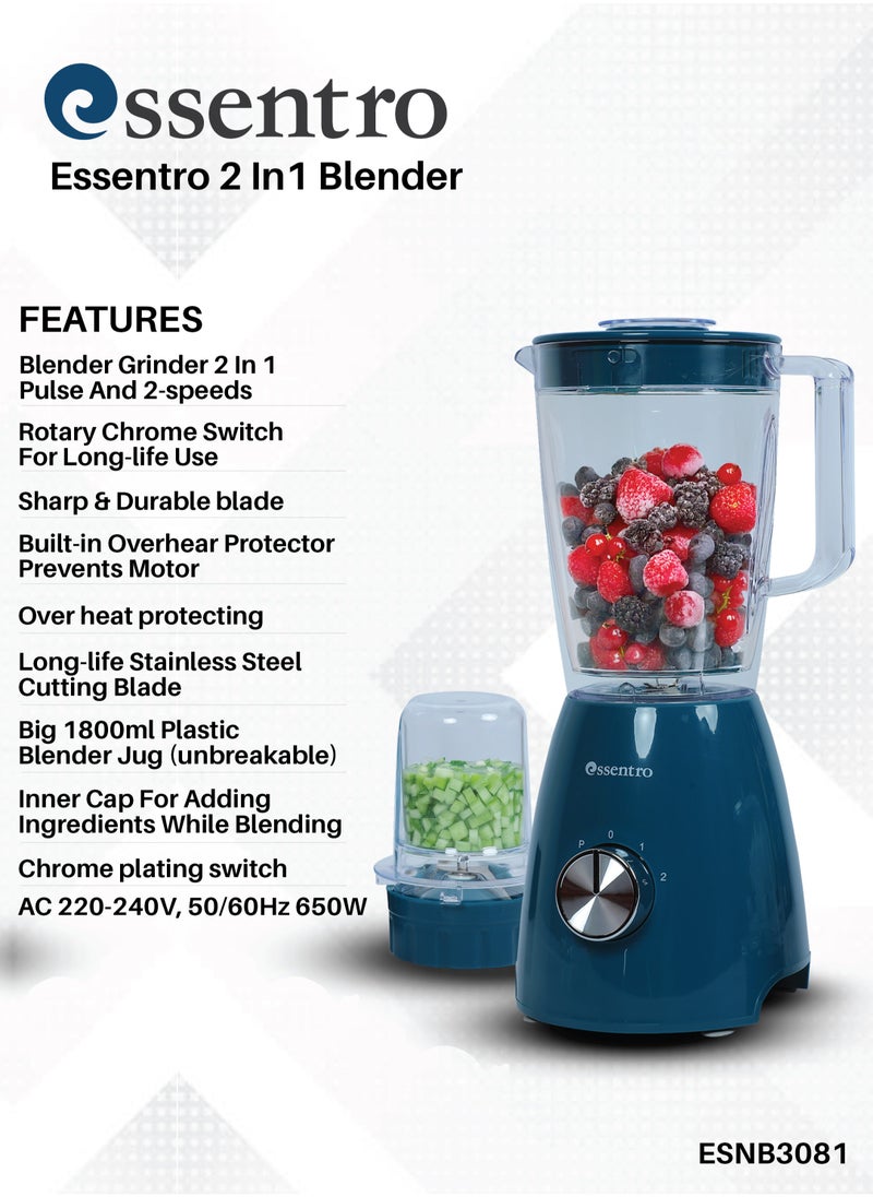 ESSENTRO - Essentro 2-in-1 Blender  650W Power Motor, 2-Speed Settings, Pulse Function, 1.8L Unbreakable Jar & Sharp Durable Blade ESNB3081 - Image 1