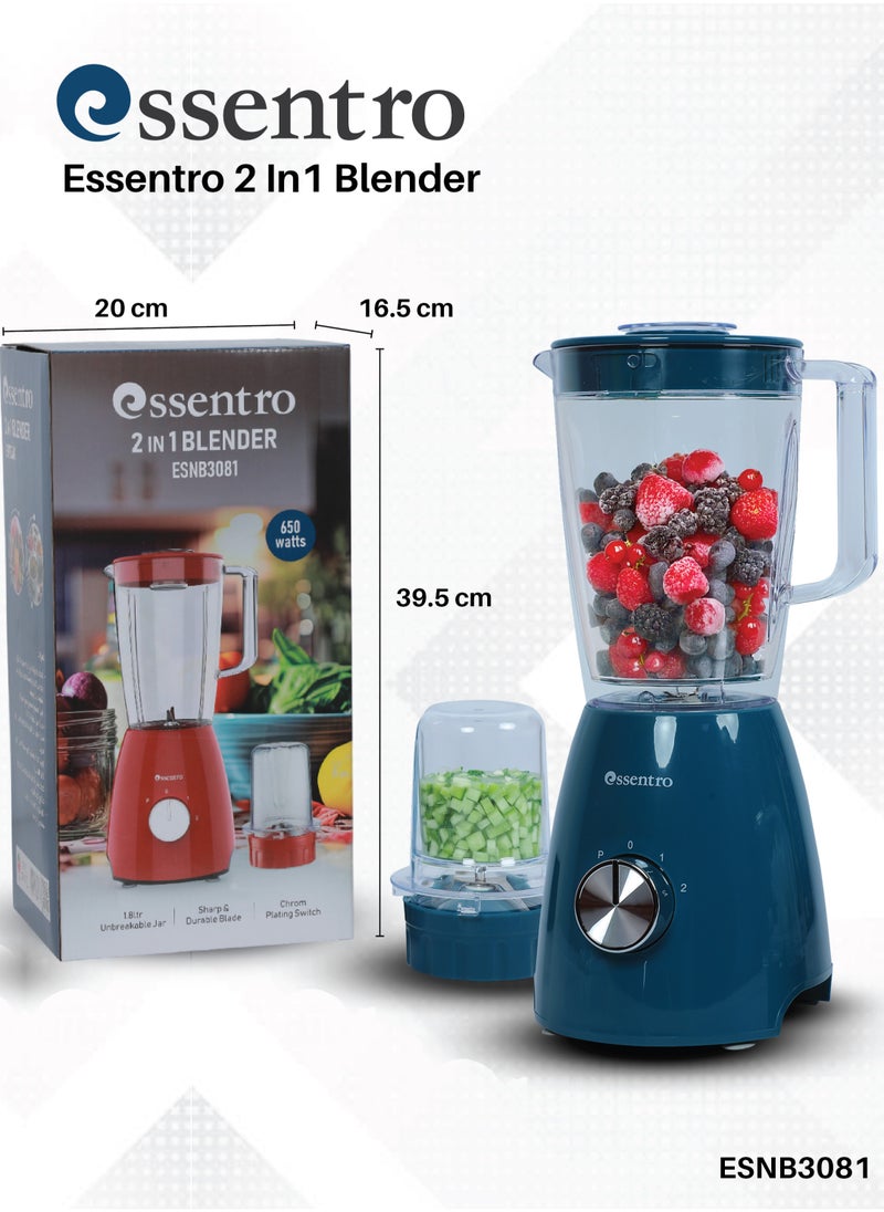 ESSENTRO - Essentro 2-in-1 Blender  650W Power Motor, 2-Speed Settings, Pulse Function, 1.8L Unbreakable Jar & Sharp Durable Blade ESNB3081 - Image 1