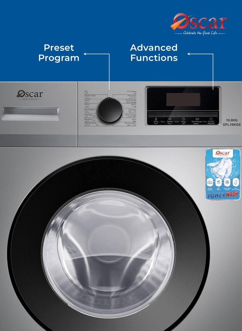 OSCAR 10KG Front Load Washing Machine | 16 Wash Programs, Inverter BLDC Motor, 1400 RPM & 5 Star Energy Saving, 16 Programs, Extremely Low Noise, Steam Care Hygiene,, Autosense & Fully Automatic Washer, Grey - OFL10KGS | 2 Year Warranty - Image 3