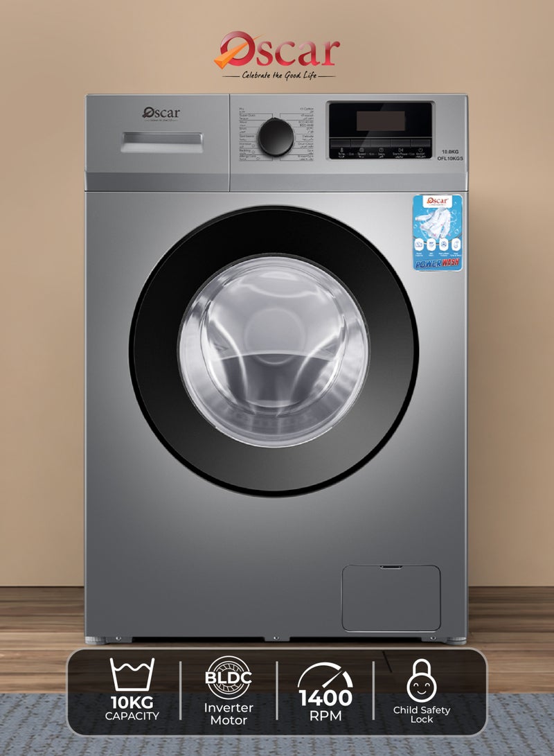 OSCAR 10KG Front Load Washing Machine | 16 Wash Programs, Inverter BLDC Motor, 1400 RPM & 5 Star Energy Saving, 16 Programs, Extremely Low Noise, Steam Care Hygiene,, Autosense & Fully Automatic Washer, Grey - OFL10KGS | 2 Year Warranty - Image 1