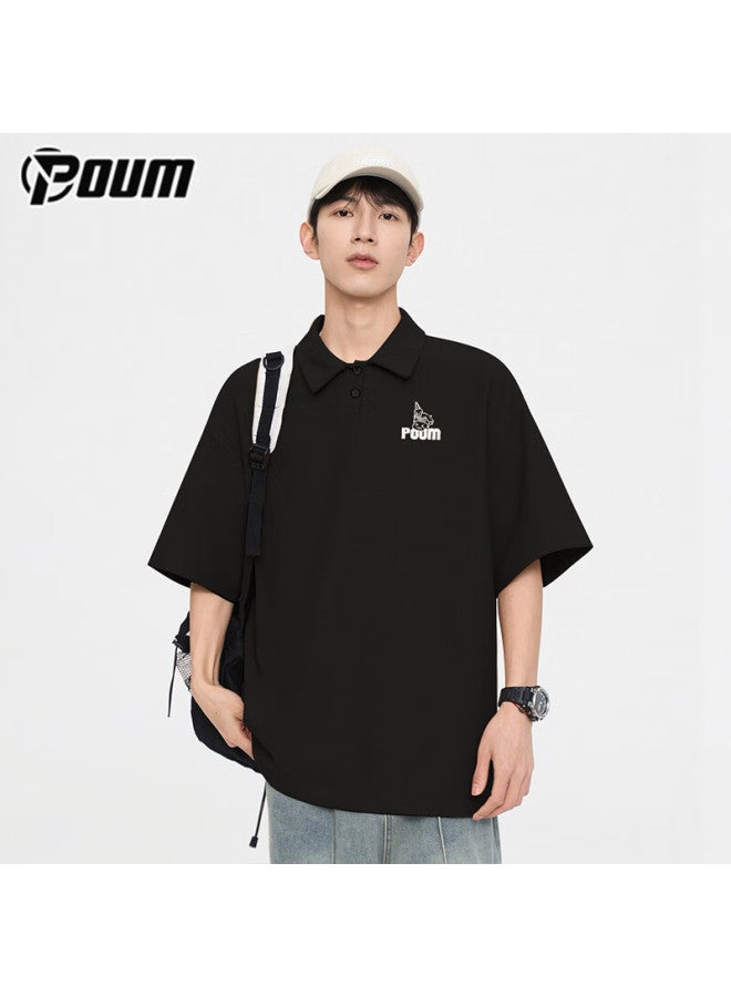 Poum Men's Summer Short Sleeve Loose Fit Polo Neck T-shirt Ph19 Black M - Image 3