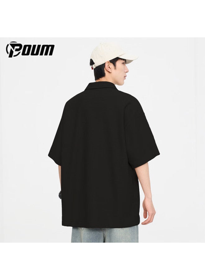Poum Men's Summer Short Sleeve Loose Fit Polo Neck T-shirt Ph19 Black M - Image 4