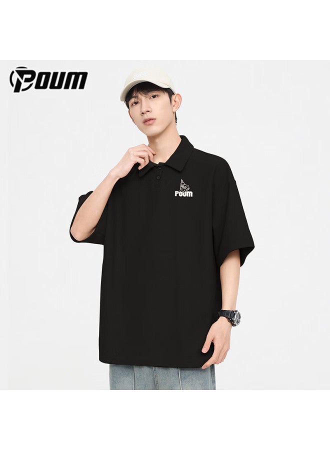 Poum Men's Summer Short Sleeve Loose Fit Polo Neck T-shirt Ph19 Black M - Image 2