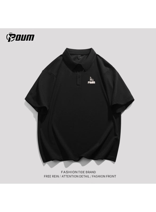 Poum Men's Summer Short Sleeve Loose Fit Polo Neck T-shirt Ph19 Black M - Image 5