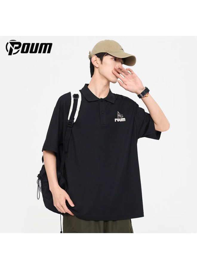 Poum Men's Summer Short Sleeve Loose Fit Polo Neck T-shirt Ph19 Black M - Image 1