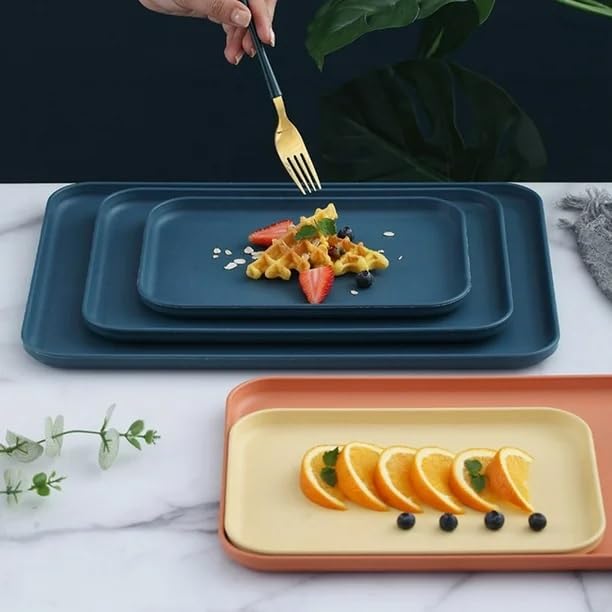 DANSR DANSR Wheat Straw Serving Platter Modern Rectangle Plastic Plate with Rounded Corners NonSlip Base Perfect Kitchen Serving Tray for Entertaining on Casual Formal Occasion 25 CM_Orange_2 Pcs  - Image 4