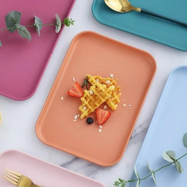 DANSR DANSR Wheat Straw Serving Platter Modern Rectangle Plastic Plate with Rounded Corners NonSlip Base Perfect Kitchen Serving Tray for Entertaining on Casual Formal Occasion 25 CM_Orange_2 Pcs  - Image 3