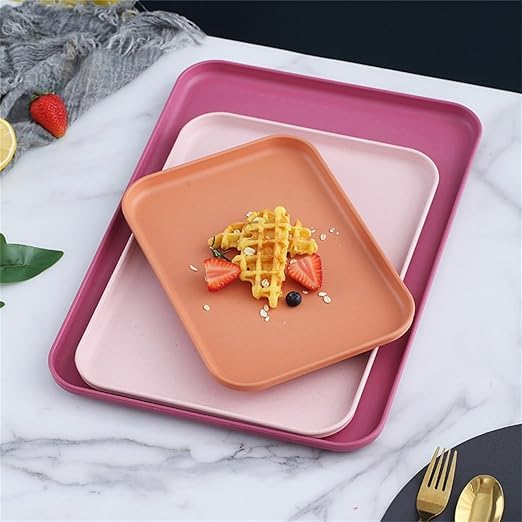 DANSR DANSR Wheat Straw Serving Platter Modern Rectangle Plastic Plate with Rounded Corners NonSlip Base Perfect Kitchen Serving Tray for Entertaining on Casual Formal Occasion 25 CM_Orange_2 Pcs  - Image 2