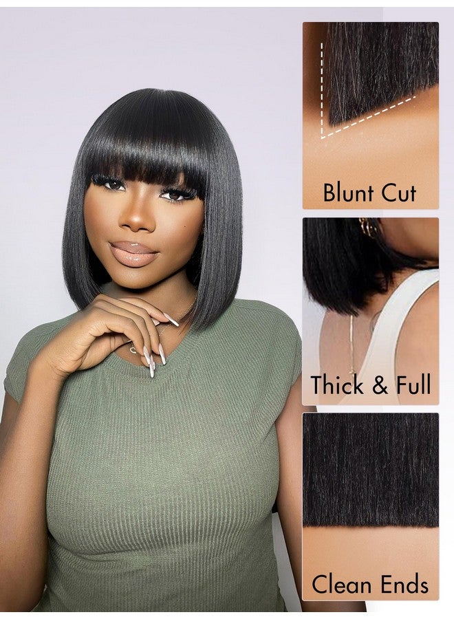 LUVME HAIR 10 Inch Light Yaki Straight Bob Wig with Bangs Human Hair Realistic HD Lace Short Black Bob Wigs, Ready to Go Blunt Cut Bob Wig Glueless 180 Density - Image 3