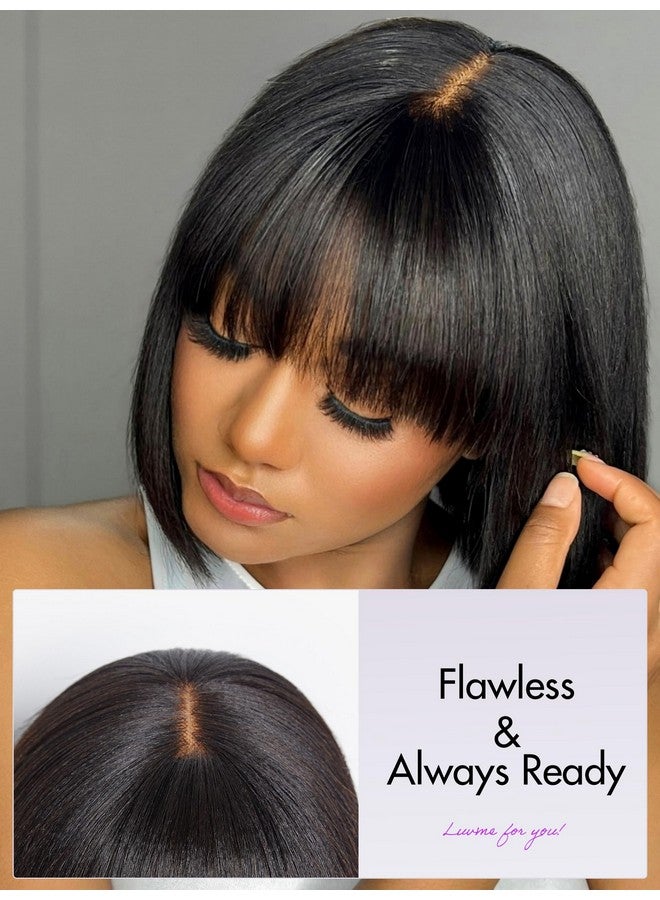 LUVME HAIR 10 Inch Light Yaki Straight Bob Wig with Bangs Human Hair Realistic HD Lace Short Black Bob Wigs, Ready to Go Blunt Cut Bob Wig Glueless 180 Density - Image 2