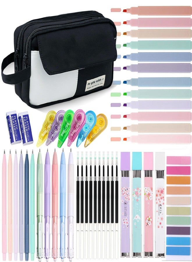 Ristpal 42 Pcs Big Capacity Pencil Pouch with Aesthetic School Supplies, 12 Pastel Highlighters, 5 Black Ink Gel Pens, 6 Mechanical Pencils Set 0.5 & 0.7mm, Sticky Notes, Stationary Set for Student(Black) - Image 1