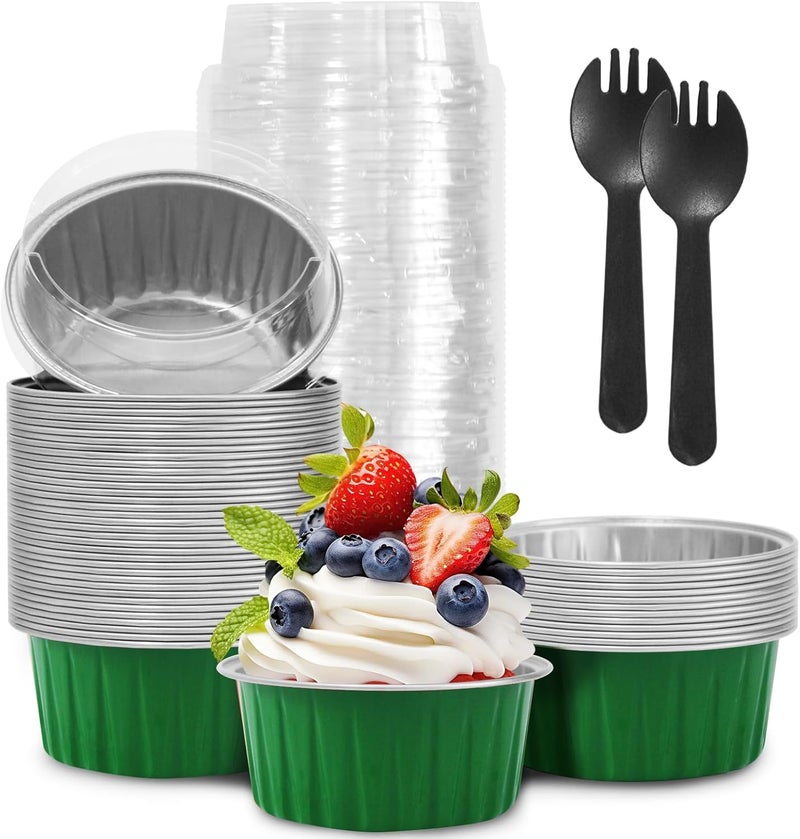 YOIYINI St. Patrick's Day 50Pcs Mini Aluminum Foil Cupcake Baking Cups,5oz Cake Pans Disposable,Mini Loaf Pans with Lids,Disposable Ramekins,Tin Cups Containers for Cupcake,Pudding,Muffin(50, Green) - Image 1
