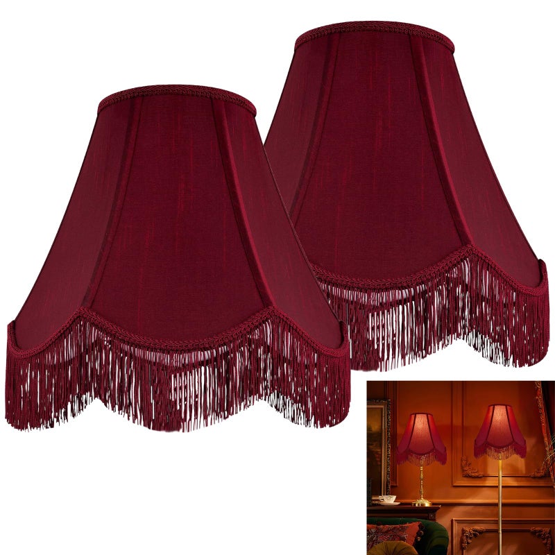 GO&SO Set of 2 Burgundy Silk Scalloped Lamp Shade, Petal Edge Braid with Burgundy Fringe Trim, 6"x13"x10.6"(Spider), Victorian Bell Lamp Shades, Replacement Shades for Table,Floor Lamps, Easy Assembly - Image 1