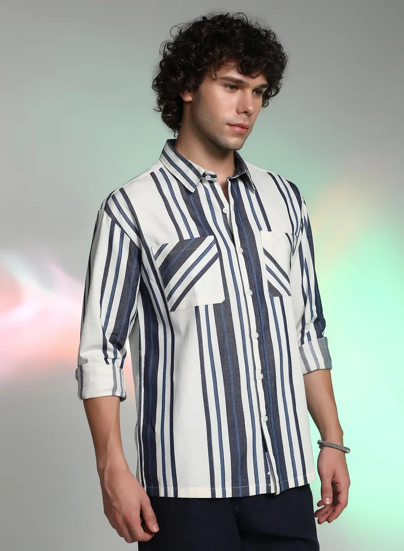 Campus Sutra Men's Navy Blue & Daisy White Multitrack Utility Oversized Shirt