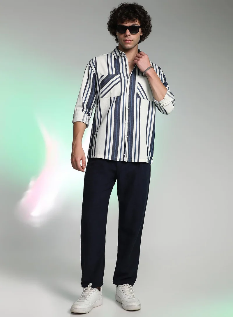 Campus Sutra Men's Navy Blue & Daisy White Multitrack Utility Oversized Shirt