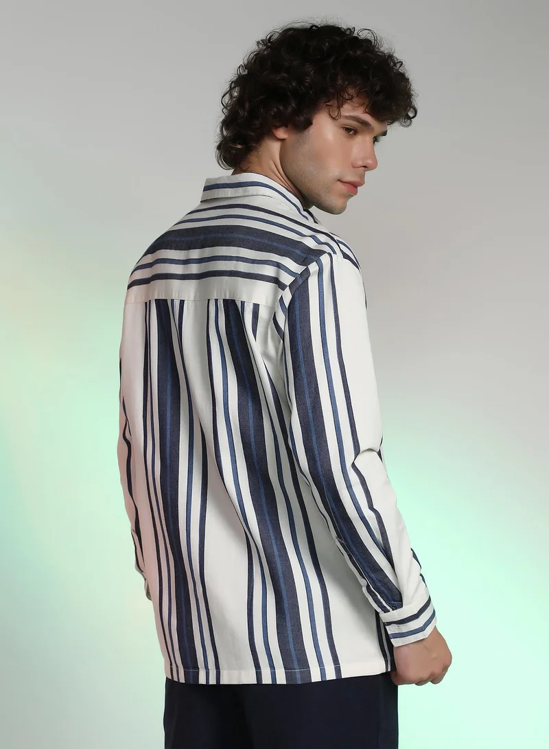 Campus Sutra Men's Navy Blue & Daisy White Multitrack Utility Oversized Shirt
