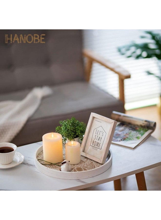 Hanobe صينية تقديم زينة هانوب الدائرية: ديكور طاولة قهوة ريفي، صواني بيضاء بوهيمية للأوتومان، قطعة مركزية خشبية، ديكور منزلي ريفي، غرفة المعيشة، عرض سطح المطبخ - Image 2