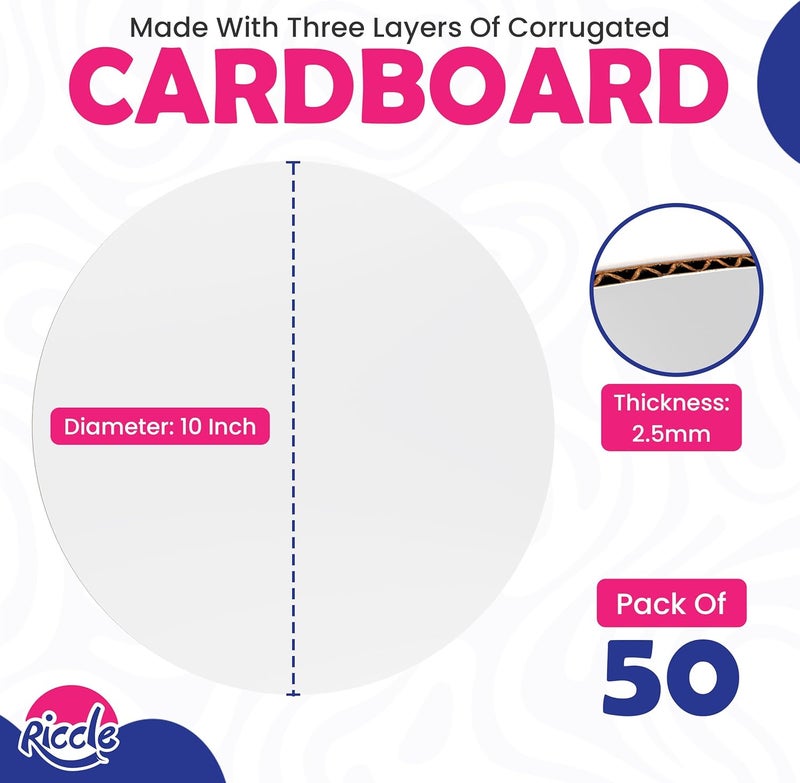 RICCLE Cake Boards 10 Inch Round Pack of 50- Smooth Edged 10" Board, Disposable - Sturdy - White Cardboard Circles -Food Grade - Image 2