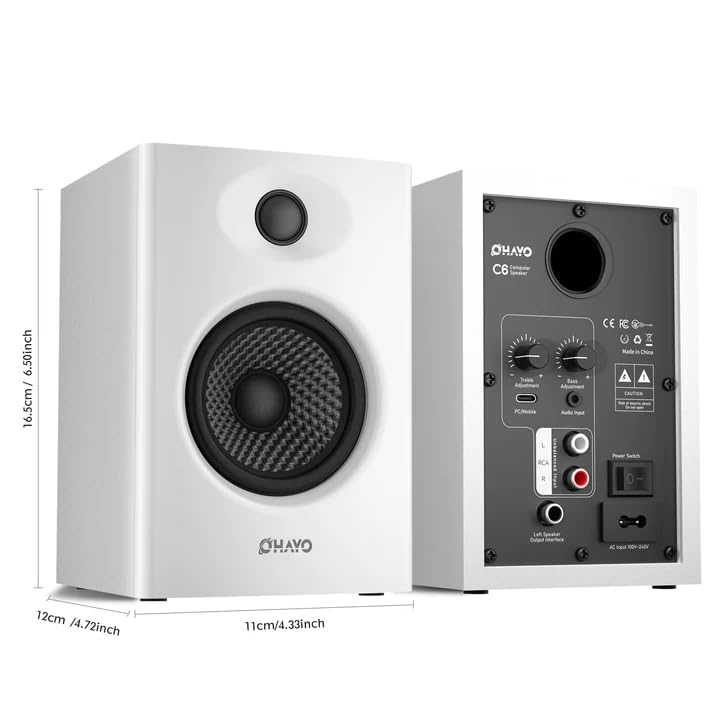 OHAYO 60W Computer Speakers for Gaming and Music, Active Bluetooth 5.3, Stereo 2.0 Speakers for Desktop PC Monitor or Laptop, Surround Sound Speaker, 3.5 mm Aux RCA Input, USB-Powered, 1 Pair, White - Image 2