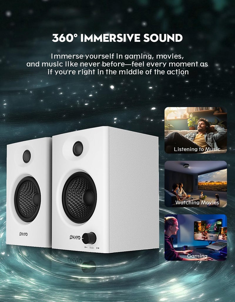 OHAYO 60W Computer Speakers for Gaming and Music, Active Bluetooth 5.3, Stereo 2.0 Speakers for Desktop PC Monitor or Laptop, Surround Sound Speaker, 3.5 mm Aux RCA Input, USB-Powered, 1 Pair, White - Image 4